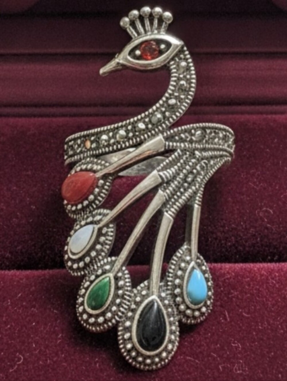 Exquisite Sterling Silver Peacock Statement Ring Adjustable MultiStone Marcasite